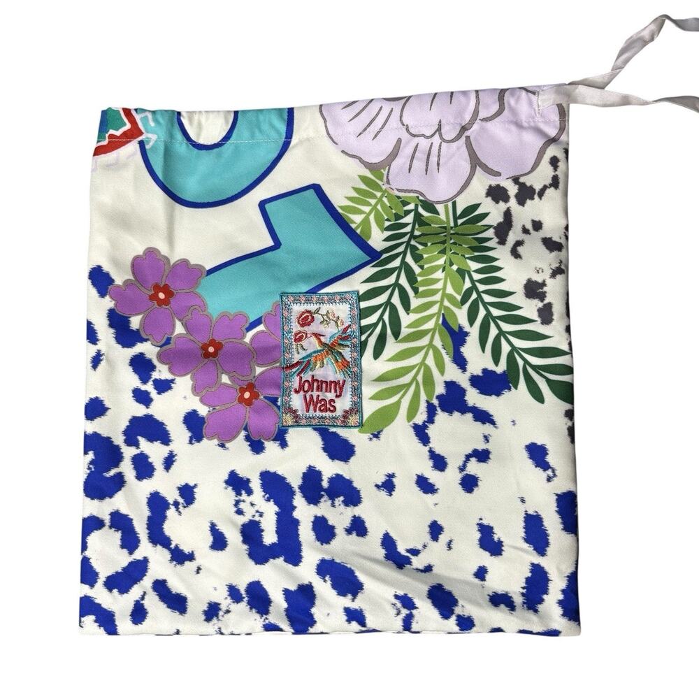 Johnny Was Floral Drawstring Soft Cloth Bag Lightweight Pouch Logo Embroidery